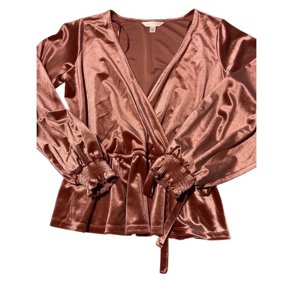 LC Lauren Conrad Rose Gold Velvet Wrap Blouse Long Sleeve Ruched XS